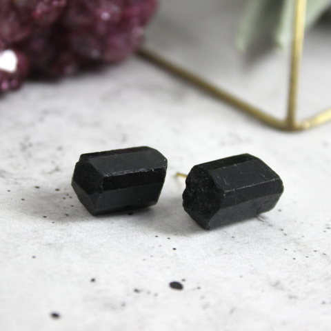 Strong Within // Black Tourmaline Stud Earrings, 24k Gold Plated, Natural Stone Jewelry // BH-E006