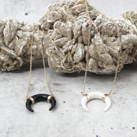 Grab Life by the Horn // Black or White Crescent Horn Necklace, Gold Filled Chain // BH-N003