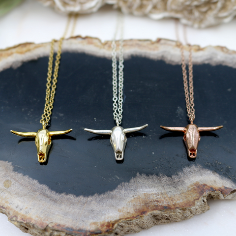 Horned Up // Small Cattle Head Necklace, Gold, Rose Gold, Sterling Silver, Texan Jewelry // BH-N017