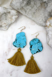 Desert Luck // Turquoise Chunk Tassel Earrings, Gold or Silver, Boho Jewelry // BH-E021