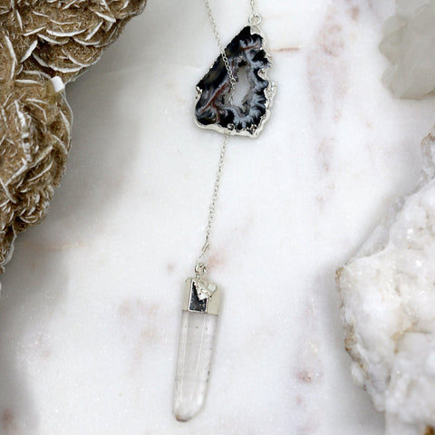 Crystal Clear // Silver Lariat Necklace w Black Quartz Druzy, Crystal Point, Boho Jewelry // BH-N007-S